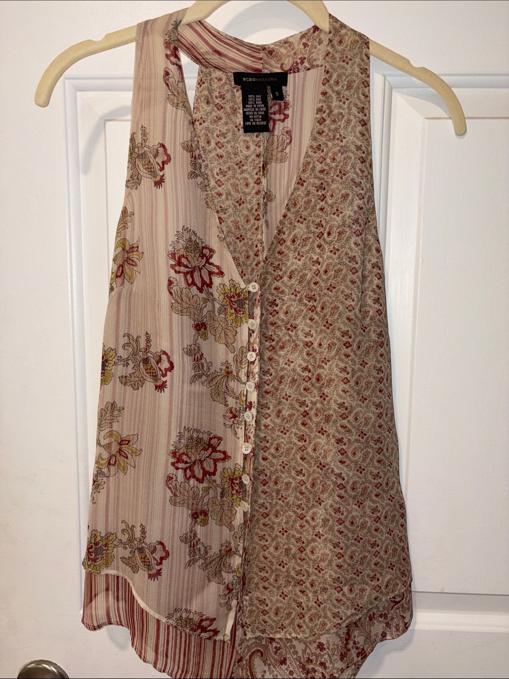 BCBGMaxAzria Beige Floral Mixed-Print Sleeveless Button Vest